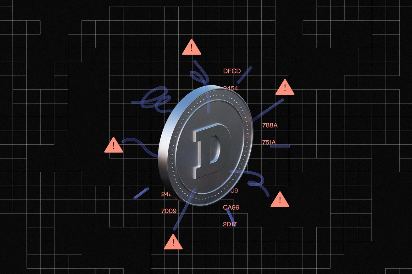 An illustrated Dogecoin surrounded by warning signs.