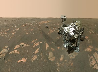 A slightly warped composite photo with Perseverance on the right and the tiny Ingenuity copter to its left. Perseverance’s “face” is turned toward the camera while its main body is angled.