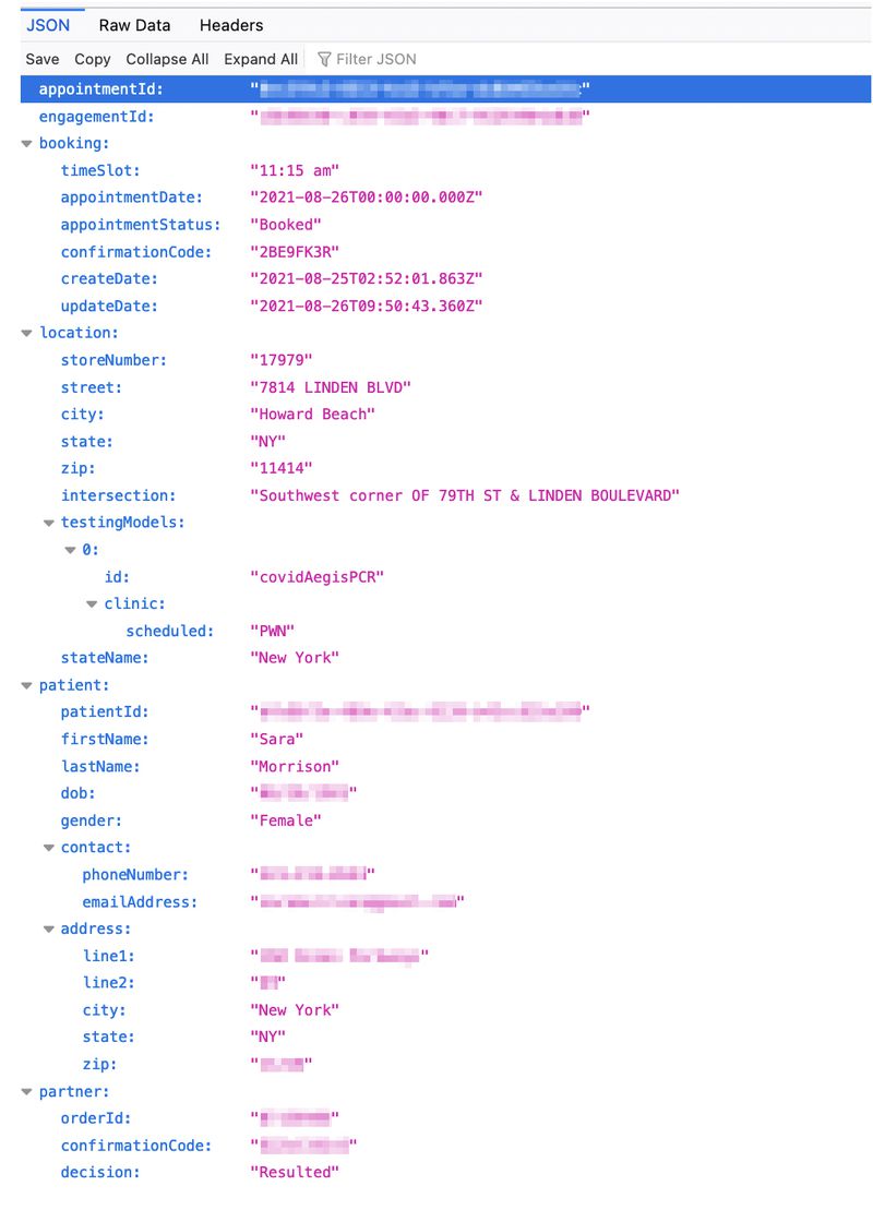 The JSON payload behind Walgreens’ appointment confirmation page.
