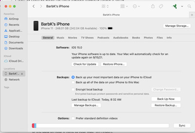 Using Finder to change your backup from iCloud to local.